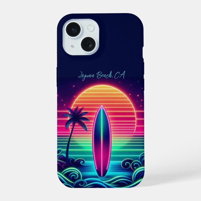 Coque iPhone 15  Surfant sur le coucher de soleil néon  (Verso)