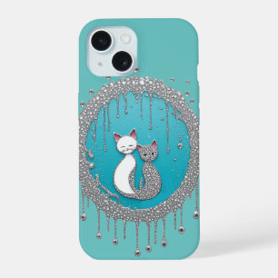 Coque iPhone 15 Symbole de chats Yin Yang Turquoise Texture Spirit