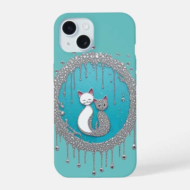 Coque iPhone 15 Symbole de chats Yin Yang Turquoise Texture Spirit (Verso)