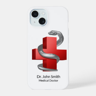 Coque iPhone 15 Symbole de croix Médicale rouge serpent d'argent