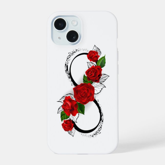 Coque iPhone 15 Symbole de l'infini avec des roses rouges (Verso)