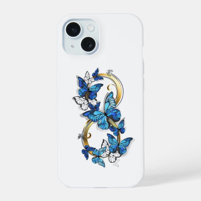 Coque iPhone 15 Symbole infini de papillons Morpho bleus (Verso)