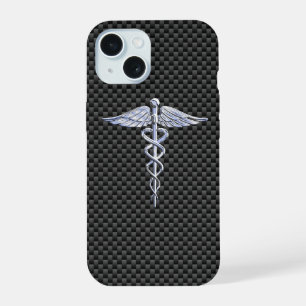 Coque iPhone 15 Symbole médical Caducée Chrome Décor en fibre de c