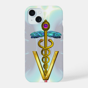 Coque iPhone 15 SYMBOLE VÉTÉRINAIRE DE CADUCE D'OR Bleu CLAIR Turq