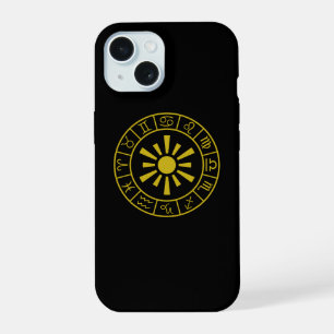 Coque iPhone 15 Symboles astrologiques Zodiac Roue+Or Soleil