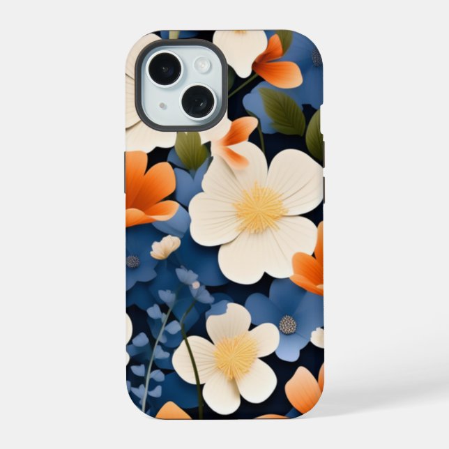 Coque iPhone 15 Tableau Abstrait de fleurs orange et bleues. (Verso)