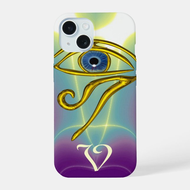 Coque iPhone 15 TALISMAN BLEU MONOGRAMME  Bleu sarcelle, blanc vio (Verso)