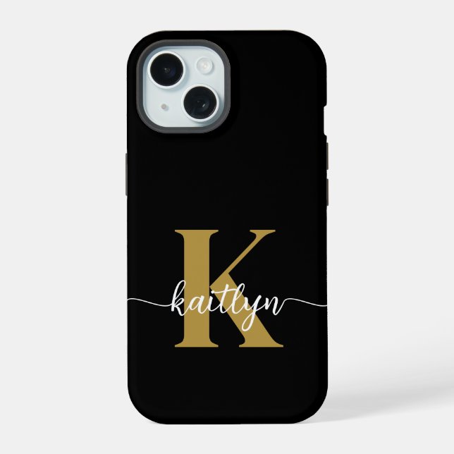 Coque iPhone 15 Tapis de sol monogrammé en noir et or (Verso)