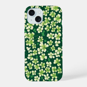 Coque iPhone 15 Tapisserie Trèfle Émeraude : Délice Vert Foncé
