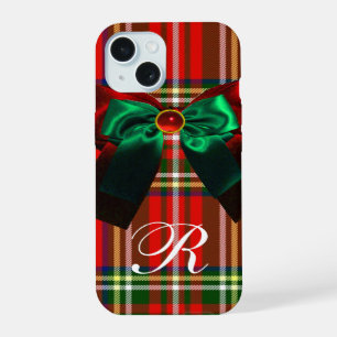 COQUE iPhone 15 TARTAN ÉCOSSAIS ET ROUGE GREEN BOWS NOËL PARTI