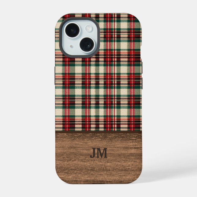 Coque iPhone 15 Tartan Plaid Phone Case with Wood Monogram (Verso)