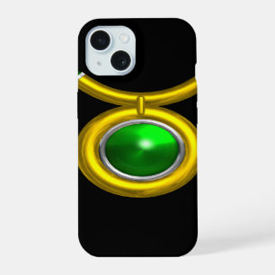 Coque iPhone 15 TAUREAU /OR,ÉMERALDE VERTE Signe du zodiaque bijou