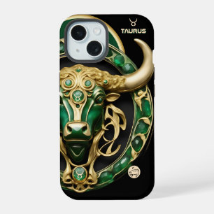 Coque iPhone 15 Taureau Taureau, Émeraude et Or Personnalisé