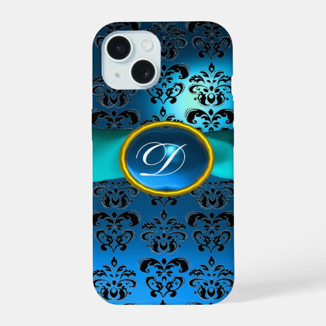 COQUE iPhone 15 TEAL BLEU NOIR DAMAS PIERRE FINE MONOGRAMME (Verso)