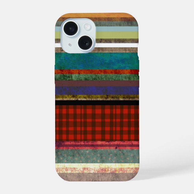 Coque iPhone 15 Tendance Gingham art rayé grunge (Verso)