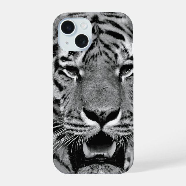 Coque iPhone 15 Tête de tigre noir et blanc (Verso)