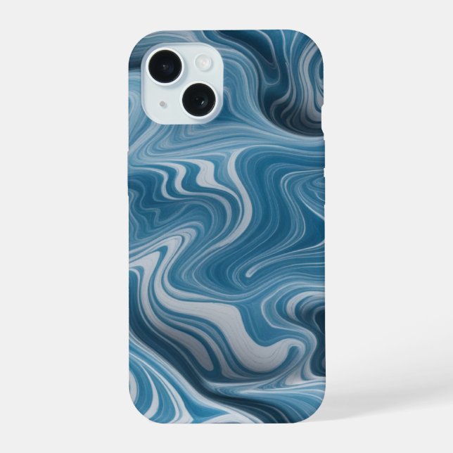 Coque iPhone 15 Texture de marbre blanc bleu abstrait 3D (Verso)