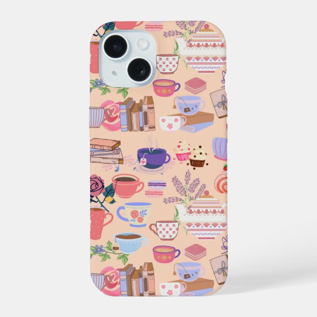 Coque iPhone 15 Thé et livres (Verso)