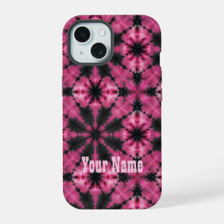 Coque iPhone 15 Tie and dye rose et noir avec nom personnalisé