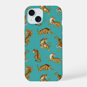 Coque iPhone 15 Tiger sur Motif Turquoise