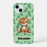 Tigre de dessin mignon sur Feuilles tropicaux