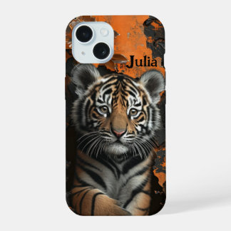 Coque iPhone 15 Tigre floral 3D avec nom personnalisé