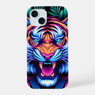Coque iPhone 15 Tigre néon et feuilles de jungle