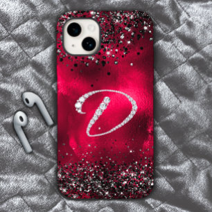 Coque iPhone 15 Timbre de cristal stylé lettre de strass D rouge n