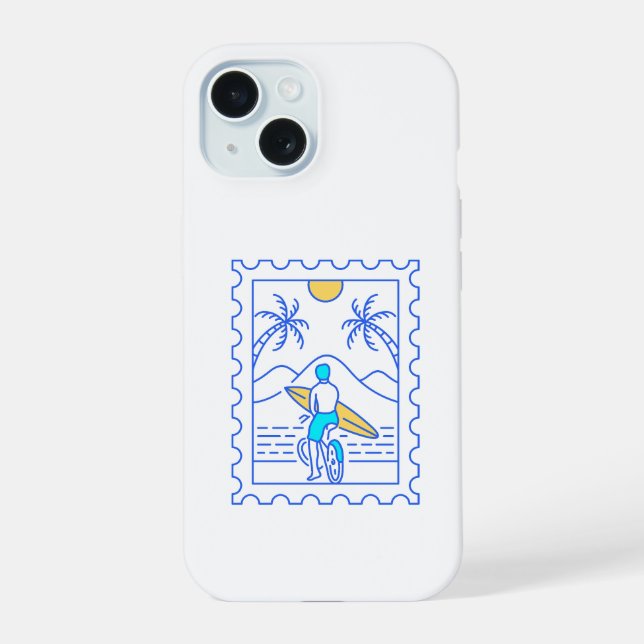 Coque iPhone 15 Timbre postal de surf d'été 1 (Verso)