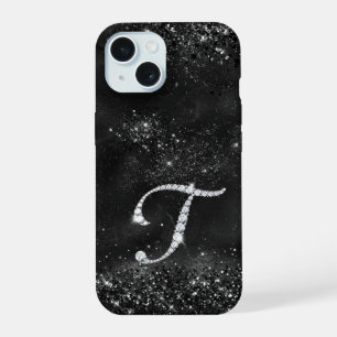 Coque iPhone 15 Timbre stylé Crystal rhinestone lettre T noir