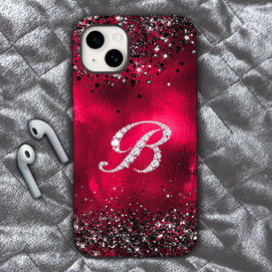 Coque iPhone 15 Timbre stylisé Crystal rhinestone lettre B rouge n