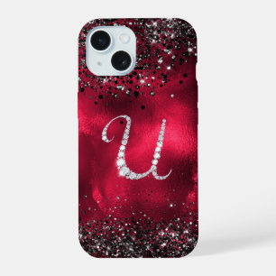 Coque iPhone 15 Timbre stylisé Crystal rhinestone lettre U rouge n