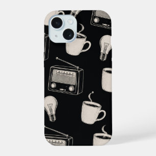 Coque iPhone 15 Tissu à motif d'ampoule de radio à café vintage