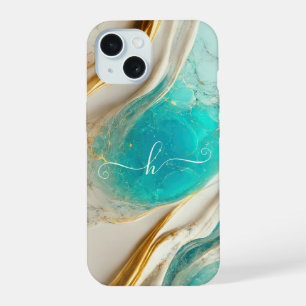 Coque iPhone 15 Topaze Bleue Élégante Marbre à Veines d'Or Monogra