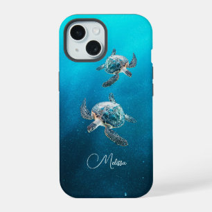 Coque iPhone 15 Tortue de mer turquoise scintillante Côté mer