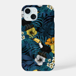 Coque iPhone 15 Toucans et flore tropicale, bleu, jaune, orange