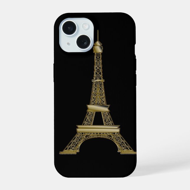 Coque iPhone 15 Tour Eiffel en or français noir (Verso)