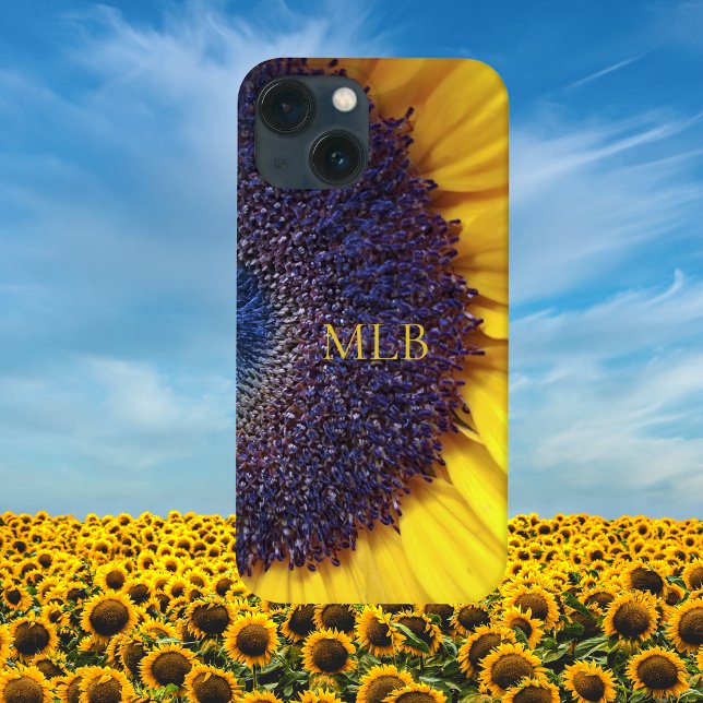 Coque iPhone 15 Tournesol jaune monogrammé en gros plan avec initi (Créateur téléchargé)