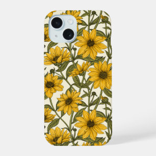 Coque iPhone 15 Tournesol sauvage sur fond blanc cassé