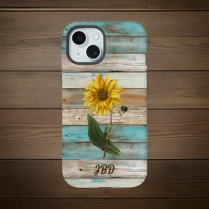 Coque iPhone 15 Tournesol sur des initiales de bois verdi faux
