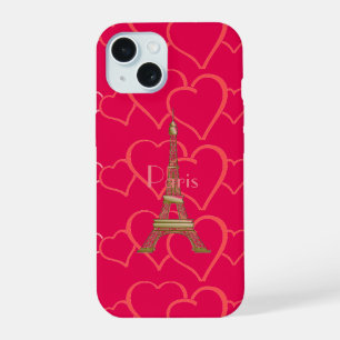 Coque iPhone 15 Tours Eiffel cœurs roses Amour Paris