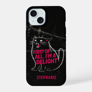 Coque iPhone 15 Tout d'abord, je suis un chat noir rugissant ravis
