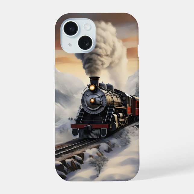 Coque iPhone 15 Train dans les montagnes enneigées (Verso)