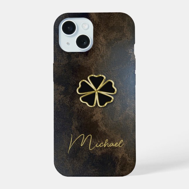 Coque iPhone 15 Trèfle doré élégant, aspect cuir (Verso)
