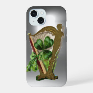 Coque iPhone 15 TRÈFLE VERT HARPE IRLANDAISE Gris Blanc