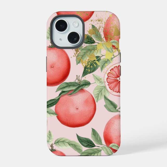 Coque iPhone 15 Trellis de pamplemousse rose pastel et or de luxe  (Verso)