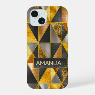 Coque iPhone 15 Triangles géométriques élégants or noir argent