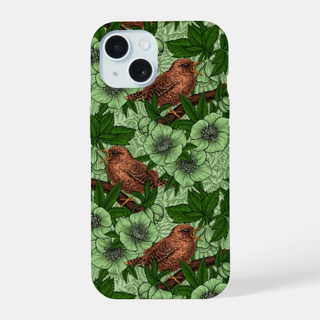 Coque iPhone 15 Troglodyte et hellébore, vert clair (Verso)