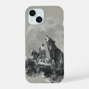 Coque iPhone 15 Trois 3 Loups Hurleurs à la Lune Art Animalier