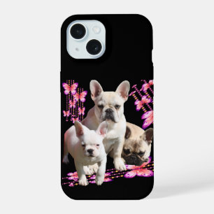Coque iPhone 15 Trois bouledogues français avec papillon